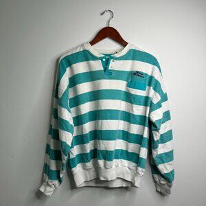 Green and white striped crewneck sweatshirt with logo on the chest size medium